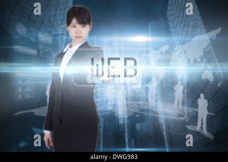 Web against shiny cityscape on black background Stock Photo