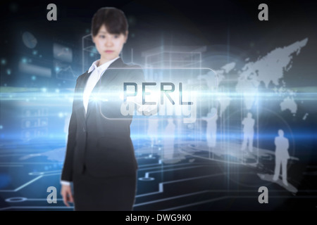 Perl against circuit board on futuristic background Stock Photo