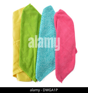 Set of colorful microfiber cleaning cloths isolated on white background. Cleaning cloth for different purposes. Stock Photo