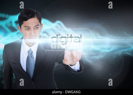 Digital against abstract blue glowing black background Stock Photo