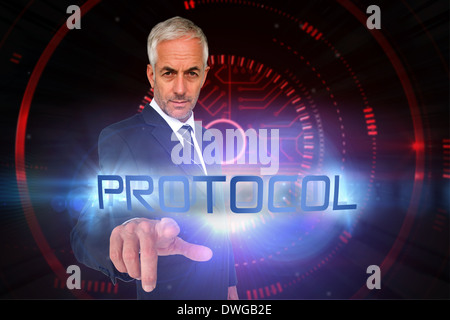 Protocol against shiny red circles on black background Stock Photo