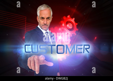 Customer against shiny red cogs on black background Stock Photo