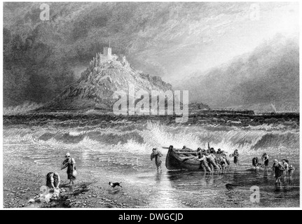 An engraving entitled 'St Michaels Mount, Cornwall' scanned at high resolution from a book published in 1876. Stock Photo
