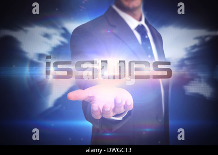 Issues against glowing world map on black background Stock Photo