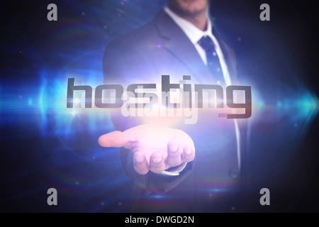 Hosting against shiny arrow lines on black background Stock Photo