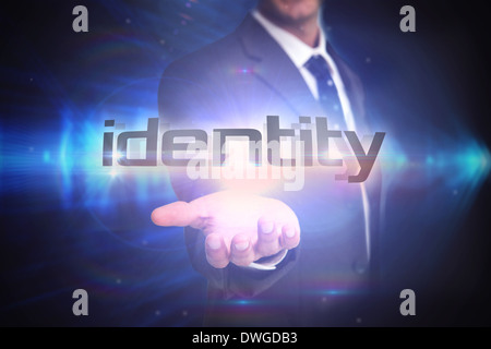 Identity against shiny arrow lines on black background Stock Photo