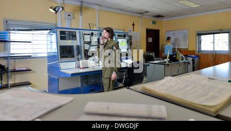 Italian military pilot in Mangusta helicopter cockpit Stock Photo