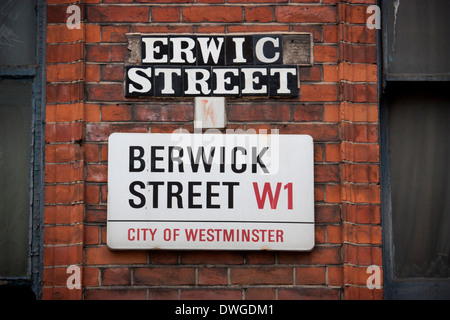 Berwick Street, W1, street sign in Soho area of London UK Stock Photo