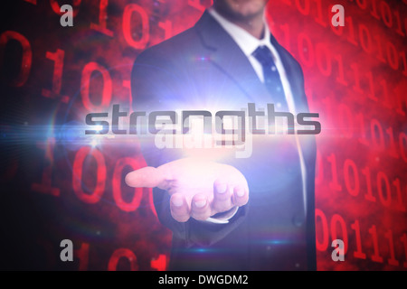 Strengths against shiny red binary code on black background Stock Photo