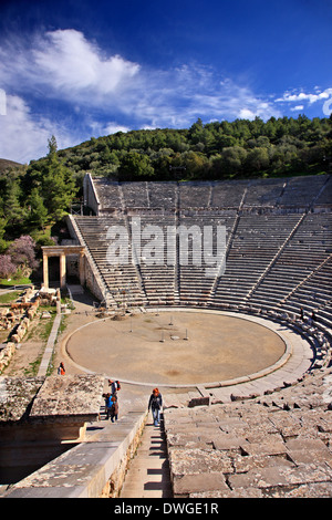 The ancient theater of Epidavros (Epidaurus), Argolida (Argolis), Peloponnese, Greece. Stock Photo