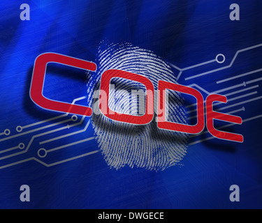 Code against fingerprint on digital blue background Stock Photo