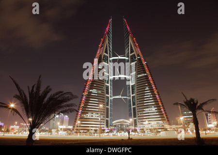 Bahrain World Trade Center Skyscraper at night. Manama, Middle East Stock Photo