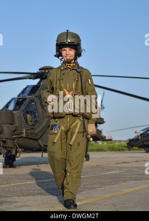 Italian military pilot in Mangusta helicopter cockpit Stock Photo