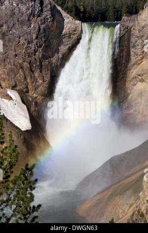 A rainbow forms at the base of Lower Falls along the Grand Canyon of the Yellowstone River in Yellowstone National Park, Wyoming Stock Photo