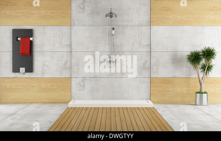 Minimalist bathroom with shower and radiator - rendering Stock Photo