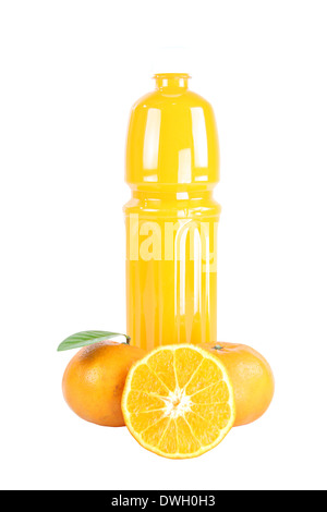 Fresh mandarin Orange and Bottle of juice with sliced isolated on white background. Stock Photo