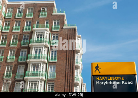location sign for marylebone road, london, england, with the apartments of dorset court in background Stock Photo