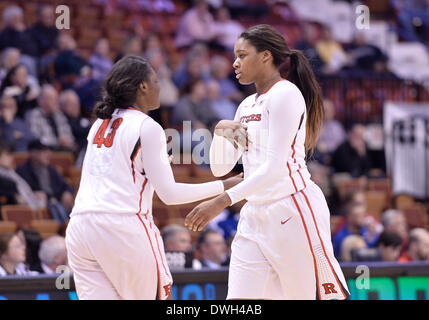 March 8, 2014 - Uncasville, CT, USA - Saturday March 8, 2014: Rutgers Scarlet Knights forward Rachel Hollivay celebrates a play with Rutgers Scarlet Knights center Ariel Butts during the 1st half of the American Athletic Conference womens basketball tournament game between Rutgers and SMU at Mohegan Sun Arena in Uncasville, CT. Bill Shettle / Cal Sport Media. Stock Photo