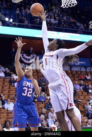 March 8, 2014 - Uncasville, CT, USA - Saturday March 8, 2014: Rutgers Scarlet Knights forward Rachel Hollivay blocks the shot of SMU Mustangs guard Raven Short (32) during the 1st half of the American Athletic Conference womens basketball tournament game between Rutgers and SMU at Mohegan Sun Arena in Uncasville, CT. Bill Shettle / Cal Sport Media. Stock Photo