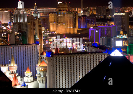 The Las Vegas Strip viewed from Mix Restaurant atop the Mandalay Bay resort at night, Nevada, USA Stock Photo