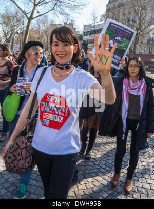 Paris, France. 8th March.  French  Feminist Groups, including The 8 Mars and Act Up Paris,  Protesting at International Women's Day Event, Trans  Activist woman slogan t shirt on Hand XY, activist, equality, women marching, woman's rights day protest, homophobia transphobia Stock Photo