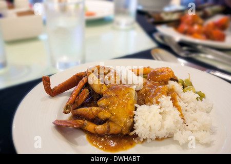 Singapore Spicy Chili Crab with Steam Rice Closeup Stock Photo