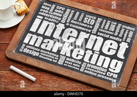 internet marketing word cloud on a vintage slate blackboard with a cup of coffee and pastry Stock Photo