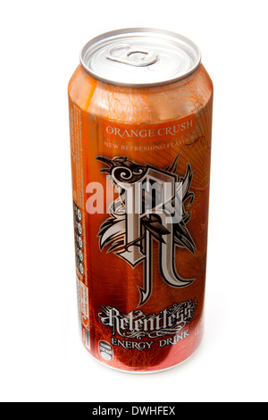 Can of Relentless energy drink  isolated on a white studio background. Stock Photo