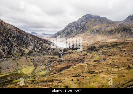 View east to Ogwen and Tryfan from lower slopes of Y Garn above Nant Ffrancon valley in Snowdonia National Park Wales UK Stock Photo