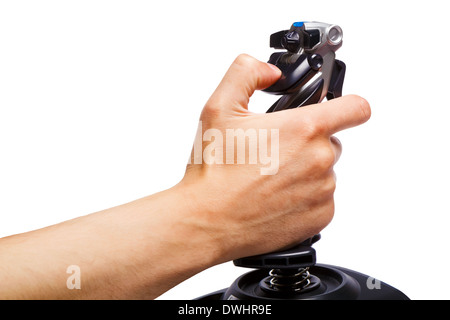 hand joystick control flight simulator on a white background Stock Photo