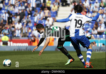 Barcelona, Spain. 9th Mar, 2014. Christian Herrera and Colotto in the match between RCD Espanyol and Elche, for the Week 27 of the Spanish League match at the Cornella-El Prat stadium on March 9, 2014. Photo: Joan Valls/Urbanandsport/Nurphoto. Credit:  Joan Valls/NurPhoto/ZUMAPRESS.com/Alamy Live News Stock Photo