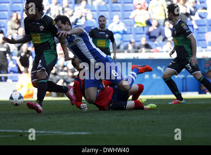 Barcelona, Spain. 9th Mar, 2014. Stuani and Manu H. in the match between RCD Espanyol and Elche, for the Week 27 of the Spanish League match at the Cornella-El Prat stadium on March 9, 2014. Photo: Joan Valls/Urbanandsport/Nurphoto. Credit:  Joan Valls/NurPhoto/ZUMAPRESS.com/Alamy Live News Stock Photo