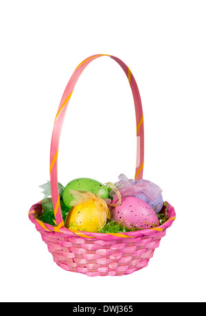 Pink Easter basket with colorful eggs isolated on white Stock Photo