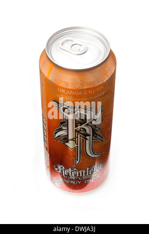 Can of Relentless energy drink  isolated on a white studio background. Stock Photo