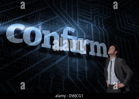 Confirm against futuristic black and blue background Stock Photo - Alamy