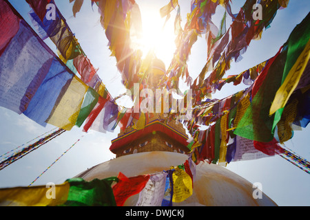prayer flags on Boudhanath stupa in Kathmandu, Nepal Stock Photo