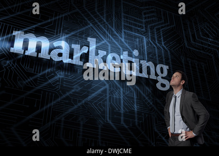 Marketing against futuristic black and blue background Stock Photo - Alamy