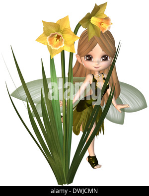 Cute Toon Daffodil Fairy, Skipping Stock Photo