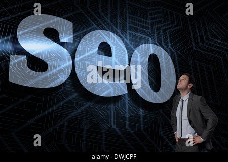 Seo against futuristic black and blue background Stock Photo - Alamy