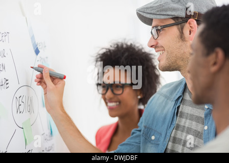 Artists in discussion in front of whiteboard Stock Photo