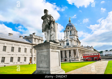 King George II statue and Old Royal Naval College (now home to the University of Greenwich), Greenwich, London, UK Stock Photo