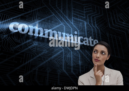 Communicate against futuristic black and blue background Stock Photo ...