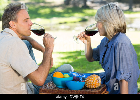 Couple drinking red wine in park Stock Photo