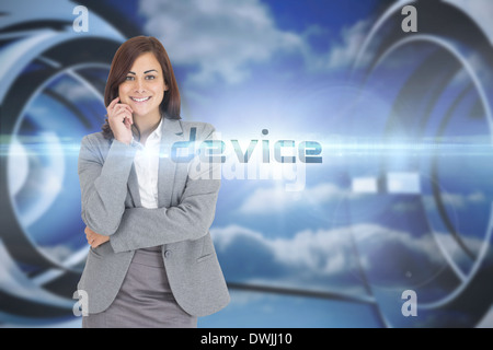 Device against clouds in a futuristic structure Stock Photo