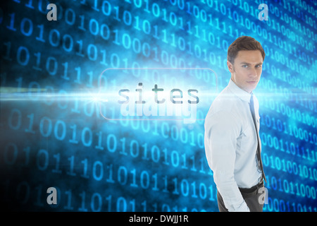 Sites against shiny blue binary code on black background Stock Photo