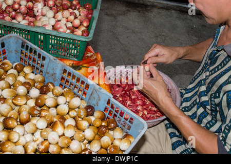 Mace being peeled from nutmegs Stock Photo