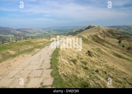 The Great Ridge footpath and view from Mam Tor in  Peak District National Park Derbyshire England United Kingdom UK Stock Photo