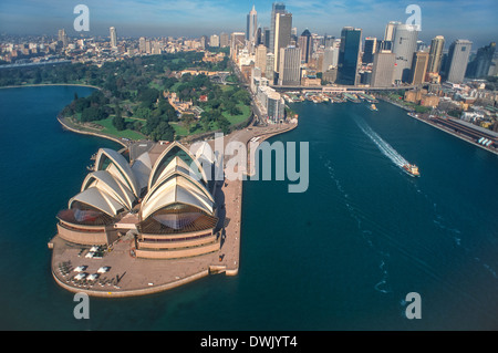 SYDNEY, AUSTRALIA - Aerial view of Sydney Opera House and downtown. Circular Quay ferry terminal at right. Stock Photo