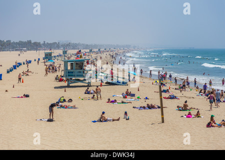 People sunbathing and swimming at Malibu Beach Stock Photo