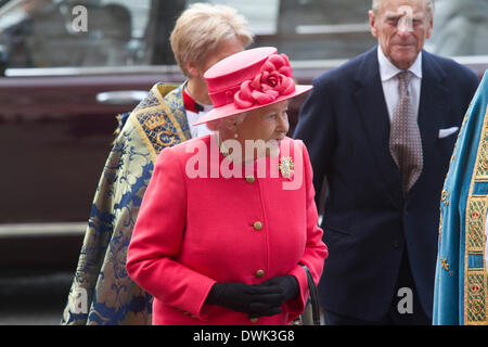 Westminster London, UK. 10th March 2014. Her Majesty Queen Elizabeth and Prince Philip arrive at Westminster Abbey for the Commonwealth Observance Day service Stock Photo